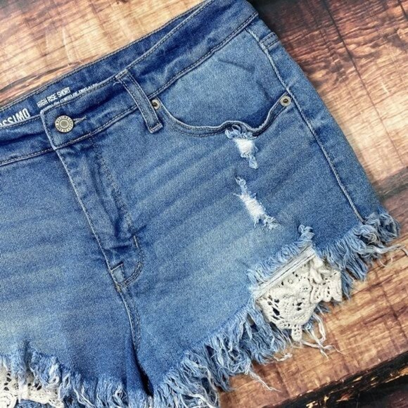 Mossimo High Rise Denim Shorts Cut Off Distressed Lace Pockets - Picture 3 of 8